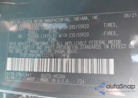 2021 Toyota Highlander Platinum from USA, damaged, VIN 5TDFZRBH3MS133216